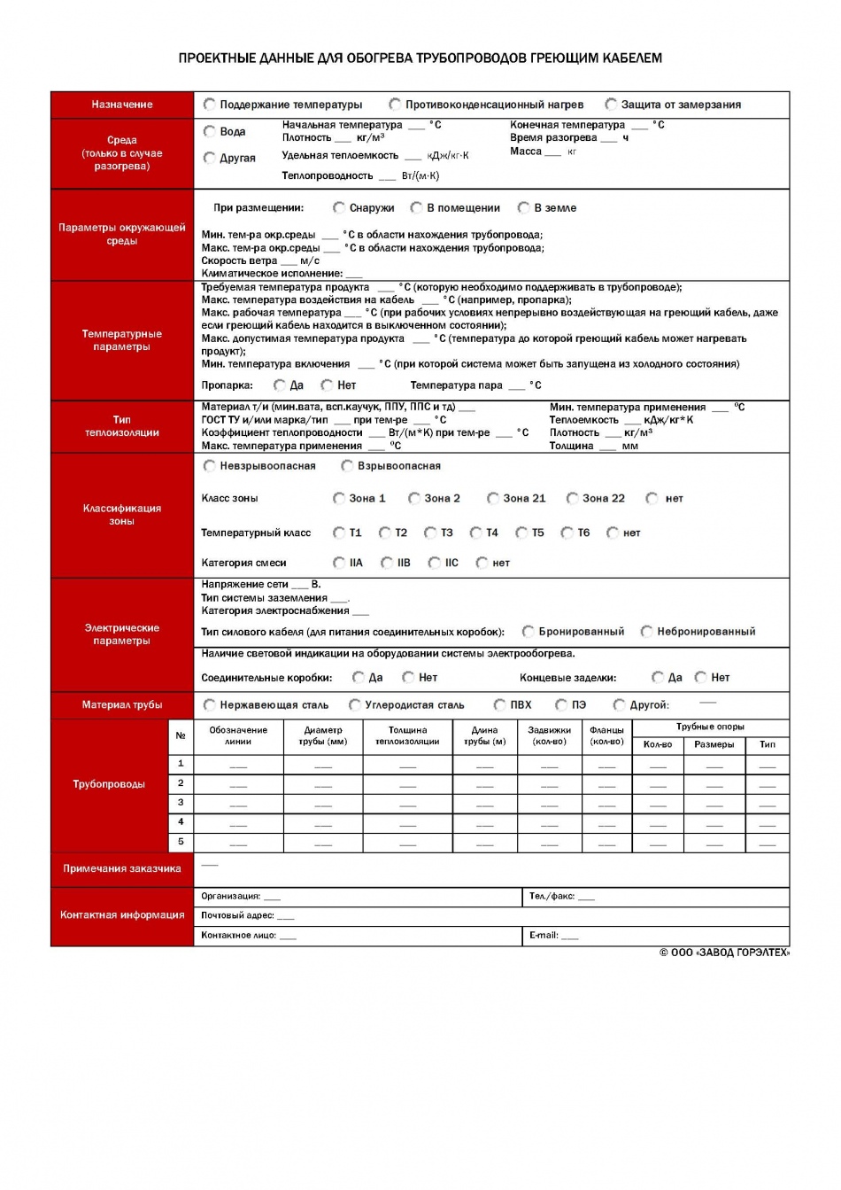 Проектные данные для обогрева трубопроводов греющим кабелем